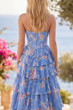 Strapless A-Line Dark Blue Basque Waist Corset Long Floral Prom Dress with Ruffles