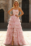 Strapless Blue A Line Corset Tiered Ruffle Floral Long Prom Dress with Slit