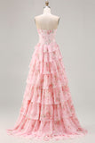 Pink Strapless A-line Corset Bodice Floral Prom Dress with Chiffon Ruffle Skirt