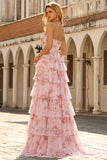 Dark Blue Strapless A-line Corset Bodice Floral Long Prom Dress with Chiffon Ruffle Skirt