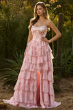 Strapless Pink A Line Tiered Ruffle Floral Corset Long Prom Dress with Slit