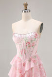 Pink Strapless A-line Corset Bodice Floral Prom Dress with Chiffon Ruffle Skirt