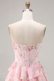 Pink Strapless A-line Corset Bodice Floral Prom Dress with Chiffon Ruffle Skirt