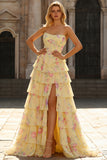 Dark Blue Strapless A-line Corset Bodice Floral Long Prom Dress with Chiffon Ruffle Skirt