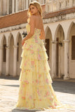 Pink Strapless A-line Corset Bodice Floral Prom Dress with Chiffon Ruffle Skirt
