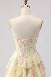 Pink Strapless A-line Corset Bodice Floral Prom Dress with Chiffon Ruffle Skirt