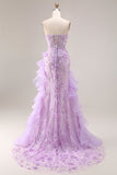 Sparkly Lilac Sweetheart Ruffled Sheath Side Slit Long Prom Dress with 3D Flowers