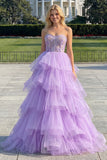 Princess Strapless Purple Corset Pearls Long Prom Dress with Ruffles
