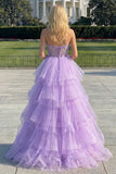 Princess Strapless Purple Corset Pearls Long Prom Dress with Ruffles