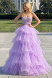 Princess Strapless Purple Corset Pearls Long Prom Dress with Ruffles