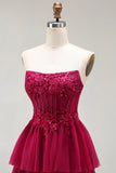 Fuchsia Strapless A Line Appliqued Corset Tiered Ruffle Long Prom Dress with Slit