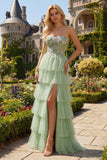Strapless Green A Line Corset Tiered Ruffle Tulle Long Prom Dress with Slit