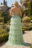 Fuchsia Strapless A Line Appliqued Corset Tiered Ruffle Long Prom Dress with Slit