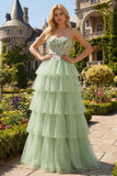 Strapless Green A Line Corset Tiered Ruffle Tulle Long Prom Dress with Slit