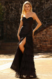 Black Mermaid Tiered Ruffle Sweetheart Ruched Long Prom Dress with Slit