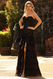 Black Mermaid Tiered Ruffle Sweetheart Ruched Long Prom Dress with Slit