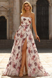 White Red Flower Strapless A-Line Basque Waist Long Prom Dress with Slit