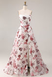 White Red Flower Strapless A-Line Basque Waist Long Prom Dress with Slit