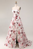 White Red Flower Strapless A-Line Basque Waist Long Prom Dress with Slit