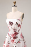White Red Flower Strapless A-Line Basque Waist Long Prom Dress with Slit