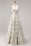 Strapless Yellow Blue Flower A Line Tiered Ruffle Corset Long Prom Dress with Slit