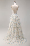 Strapless Pink A Line Tiered Ruffle Corset Floral Long Prom Dress with Slit