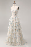 Strapless Yellow Blue Flower A Line Tiered Ruffle Corset Long Prom Dress with Slit
