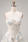 Strapless Yellow Blue Flower A Line Tiered Ruffle Corset Long Prom Dress with Slit