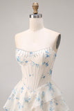 Strapless Pink A Line Tiered Ruffle Corset Floral Long Prom Dress with Slit