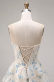 Strapless Pink A Line Tiered Ruffle Corset Floral Long Prom Dress with Slit
