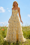 Strapless Pink A Line Tiered Ruffle Corset Floral Long Prom Dress with Slit