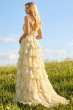 Strapless Pink A Line Tiered Ruffle Corset Floral Long Prom Dress with Slit