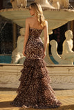 Coffee Leopard Strapless Beaded Printed Tiered Ruffle Long Prom Dress with Slit