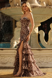 Coffee Leopard Strapless Beaded Printed Tiered Ruffle Long Prom Dress with Slit