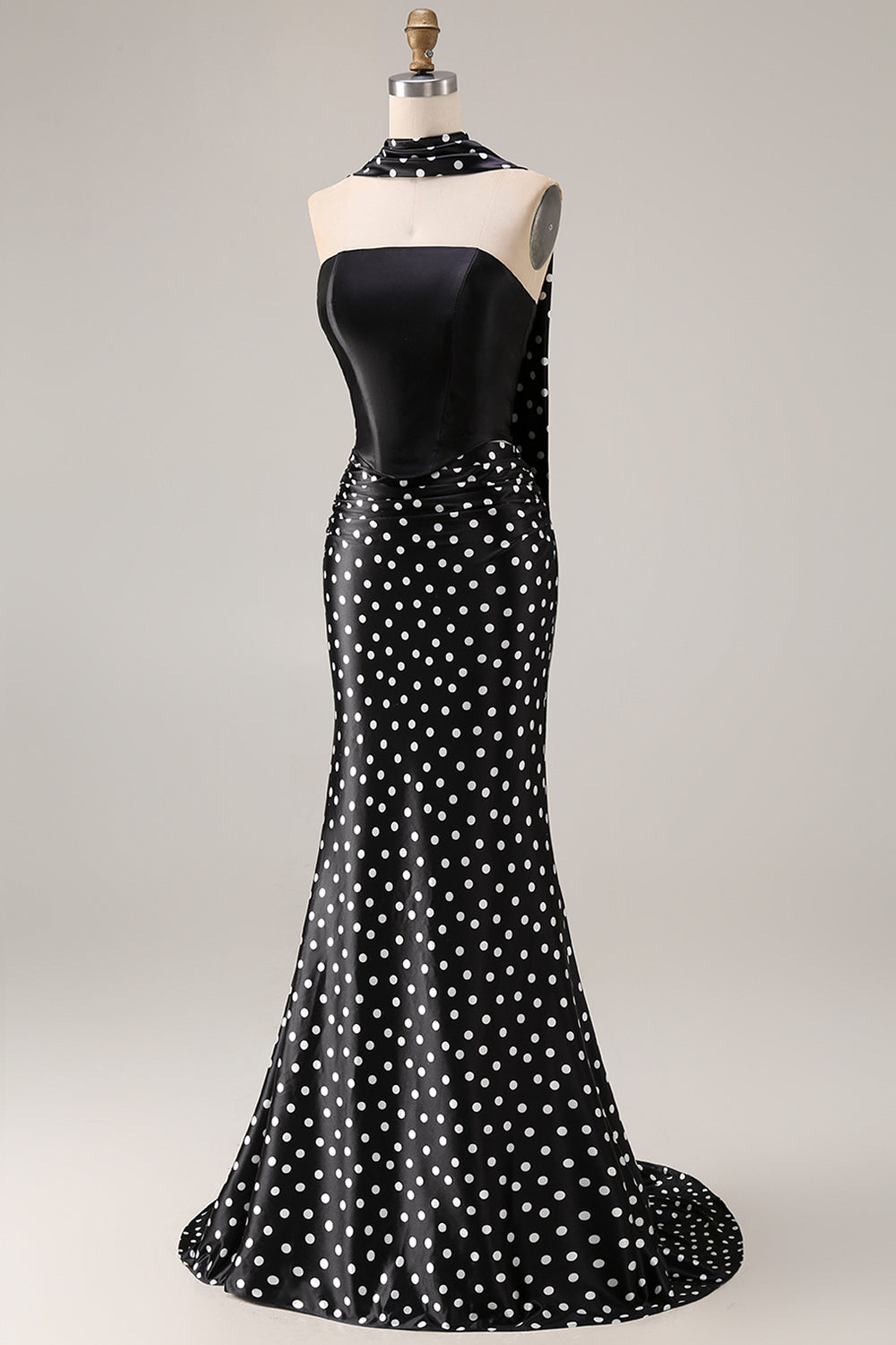 Black White Dots Mermaid Satin Prom Dress with a Neck Scarf