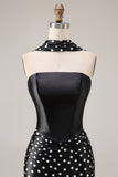 Black White Dots Mermaid Satin Prom Dress with a Neck Scarf