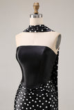 Black White Dots Mermaid Satin Prom Dress with a Neck Scarf