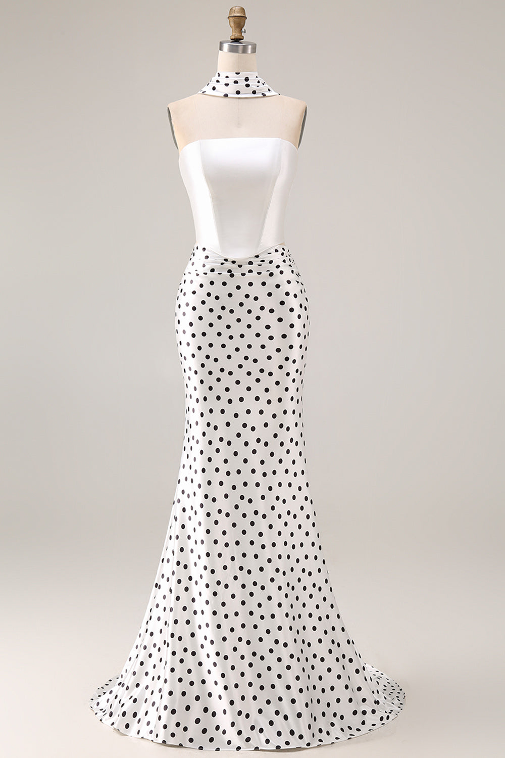 Black White Dots Mermaid Satin Prom Dress with a Neck Scarf