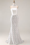Black White Dots Mermaid Satin Prom Dress with a Neck Scarf