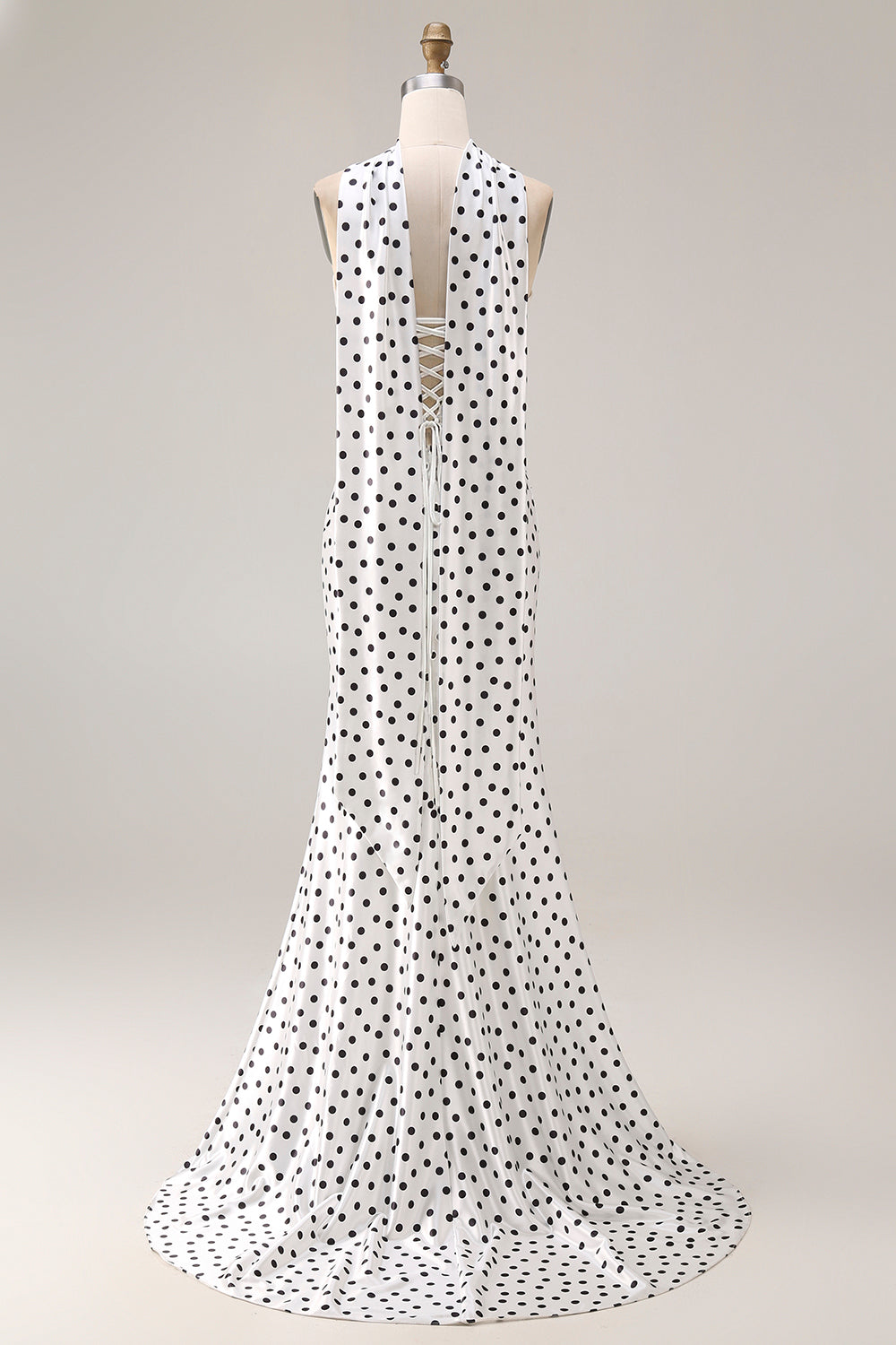 Black White Dots Mermaid Satin Prom Dress with a Neck Scarf