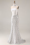 Black White Dots Mermaid Satin Prom Dress with a Neck Scarf