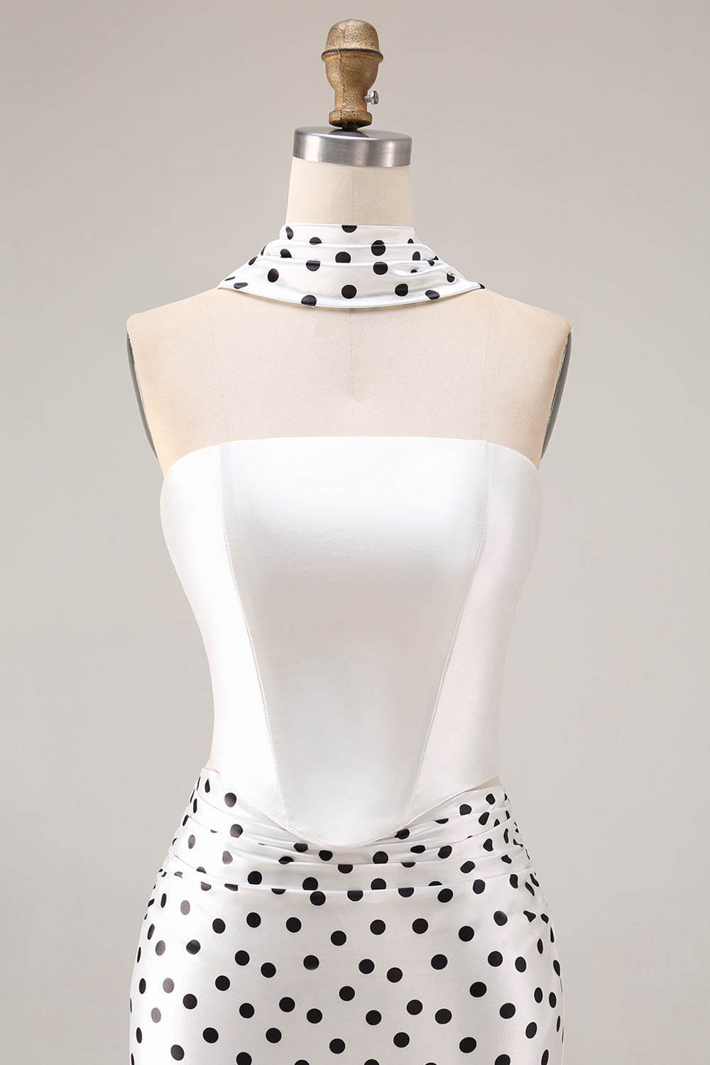 Black White Dots Mermaid Satin Prom Dress with a Neck Scarf
