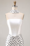 Black White Dots Mermaid Satin Prom Dress with a Neck Scarf