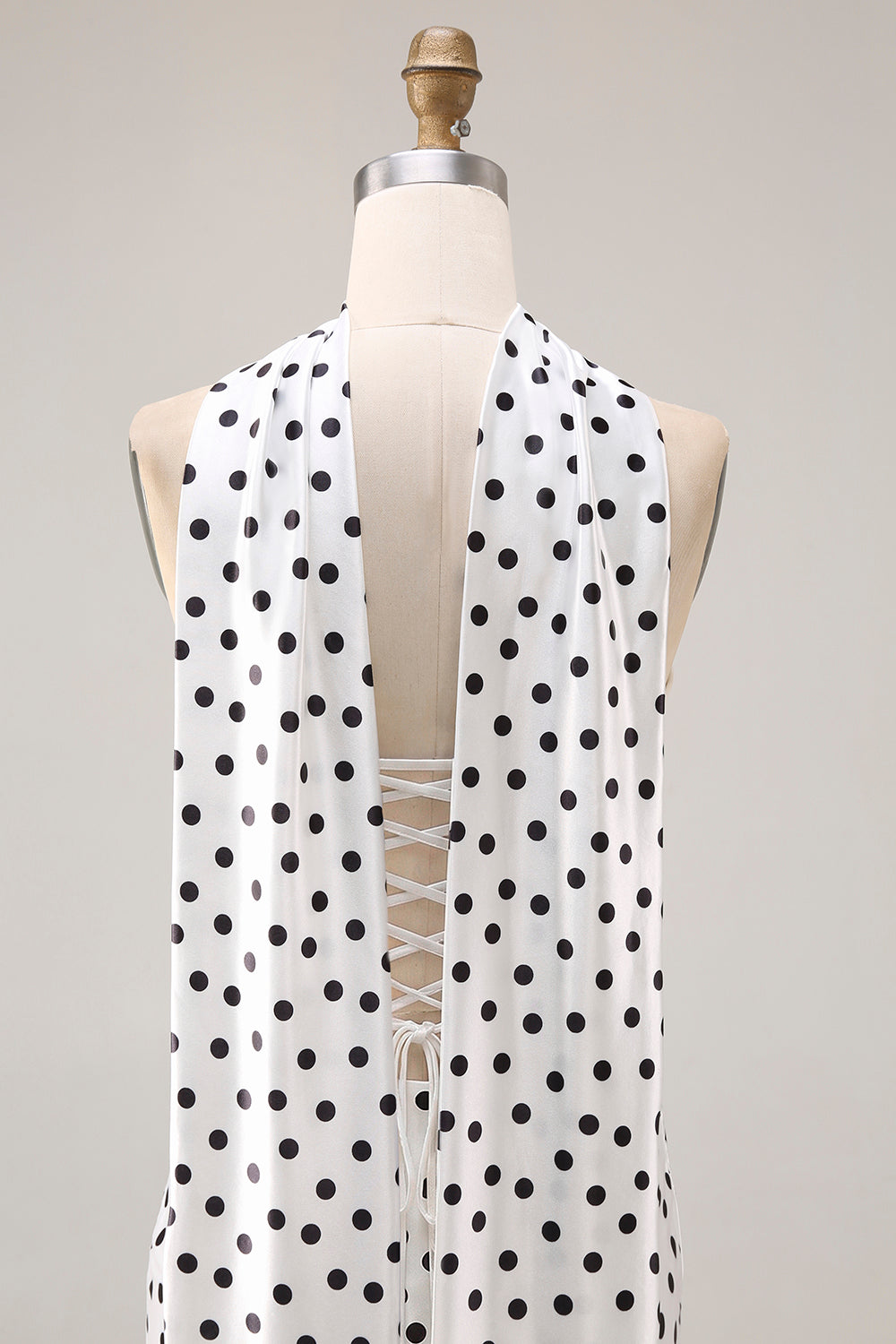 Black White Dots Mermaid Satin Prom Dress with a Neck Scarf