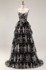 Black Pink Flower A-Line Strapless Tiered Sequin Long Prom Dress with Lace Up Back