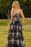 Black Pink Flower Strapless Tiered A-Line Sequin Long Prom Dress with Lace Up Back