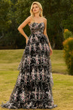 Black Pink Flower Strapless Tiered A-Line Sequin Long Prom Dress with Lace Up Back