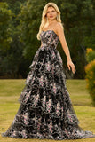 Black Pink Flower Strapless Tiered A-Line Sequin Long Prom Dress with Lace Up Back