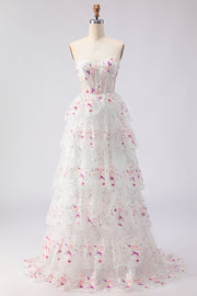 Black Pink Flower Strapless A-Line Tiered Sequin Long Prom Dress with Lace Up Back