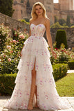 Black Pink Flower Strapless A-Line Tiered Sequin Long Prom Dress with Lace Up Back